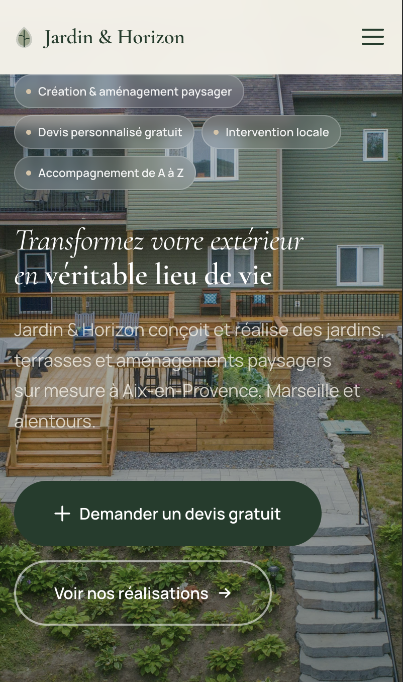 Site vitrine Jardin & Horizon — vue mobile